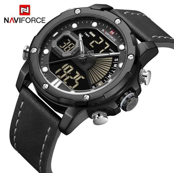 NAVIFORCE Men Watch LED Chronograph Leather Wristwatch
