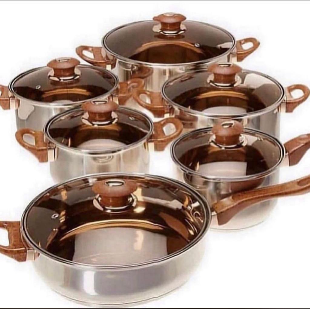 Stainless Steel cookware set 12 Pcs Pot Wood Grain Handle with Kettle Pot Combo Kitchen Cooking Pot Set