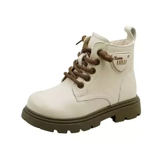 Kids Genuine Leather Ankle Boots – Black & Beige, Anti-Skid Rubber Sole, Size 33, Stylish & Safe Toddler Shoes