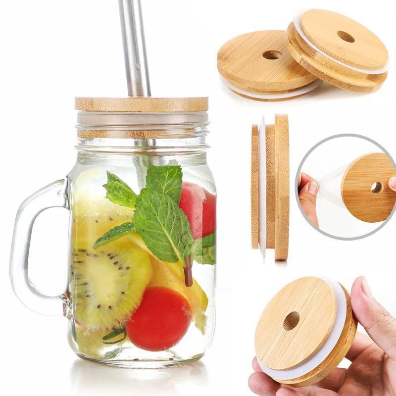 Glass cups with bamboo lid and glass straw 6pcs