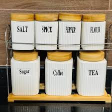 Canister 7 Pcs Set With Wood Lids & Stand