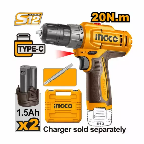 Ingco CIDLI12206 Cordless Impact Drill – 20V Lithium-Ion, 2×1.5Ah Batteries, 65mm Cr-V Bit, Powerful Electric Drill